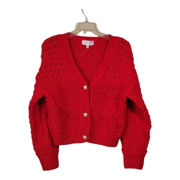 Hazel Moon Red Open Knit Pearl Button Up Sweater V-Neck Long Sleeve Women's Sz M - Picture 10 of 13